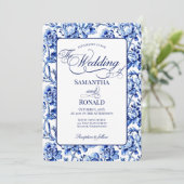 Blue & White w Calligraphy Floral Toile Wedding 招待状 (スタンド正面)