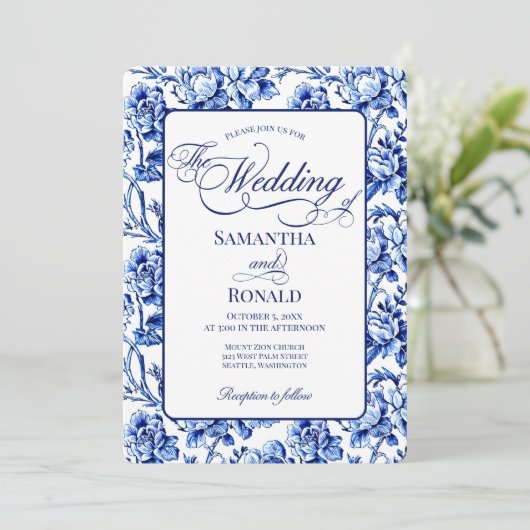 Blue & White w Calligraphy Floral Toile Wedding 招待状 (スタンド正面)