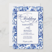 Blue & White w Calligraphy Floral Toile Wedding 招待状 (正面)