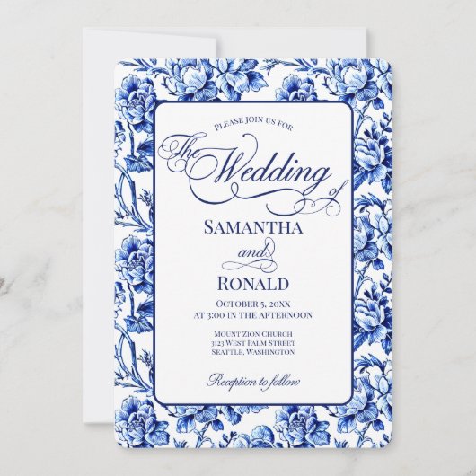 Blue & White w Calligraphy Floral Toile Wedding 招待状 (正面)