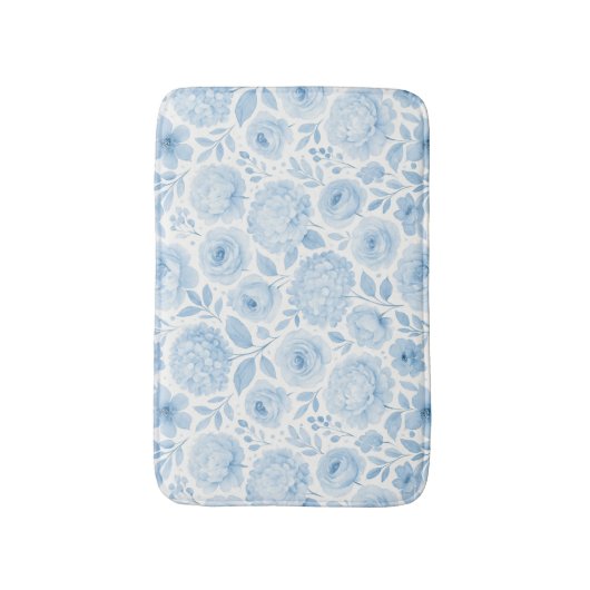 Blue White Watercolor Floral バスマット (正面縦)