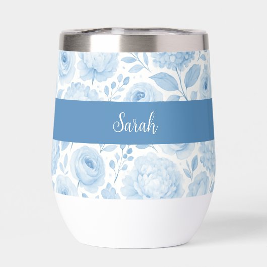 Blue White Watercolor Floral Monogram Name (背面)