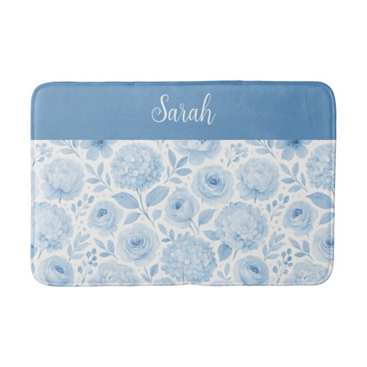 Blue White Watercolor Floral Monogram Name バスマット (正面)