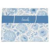 Blue White Watercolor Floral Monogram Name ラージペーパーバッグ (正面)