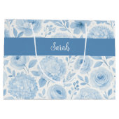 Blue White Watercolor Floral Monogram Name ラージペーパーバッグ (裏面)