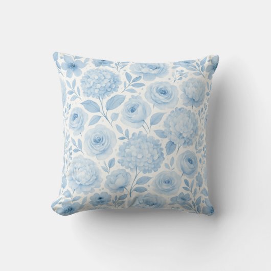 Blue White Watercolor Floral Pattern クッション (正面)