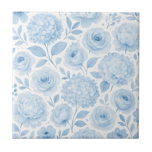 Blue White Watercolor Floral Pattern タイル (正面)