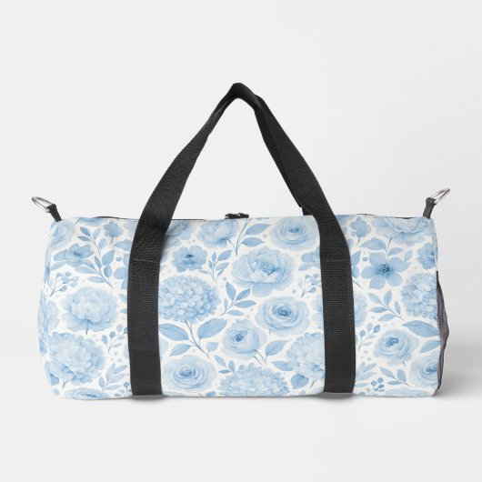 Blue White Watercolor Floral Pattern ダッフルバッグ (正面)
