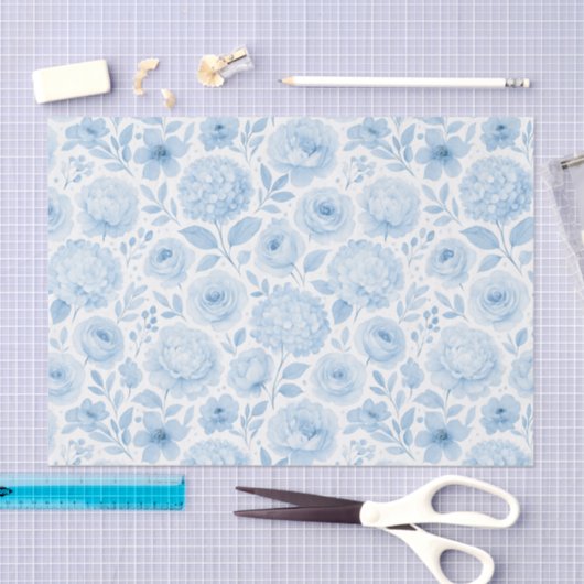 Blue White Watercolor Floral Pattern 薄葉紙 (クラフト)