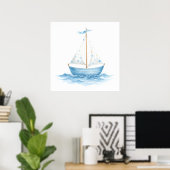 Blue & White Watercolor Sailboat – Nautical Baby R ポスター (ホームオフィス)