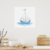 Blue & White Watercolor Sailboat – Nautical Baby R ポスター (キッチン)