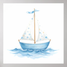 Blue & White Watercolor Sailboat – Nautical Baby R ポスター