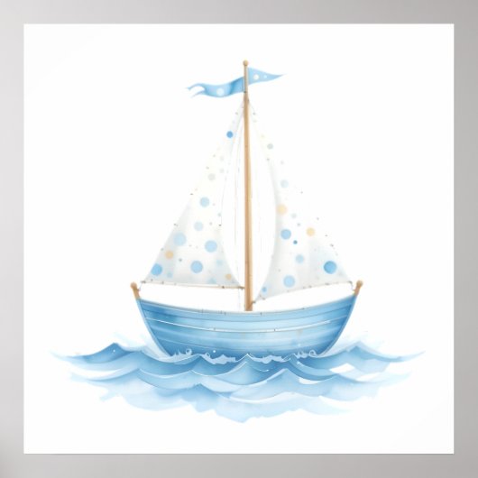 Blue & White Watercolor Sailboat – Nautical Baby R ポスター (正面)