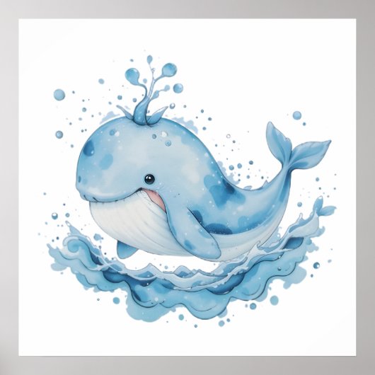Blue & White Watercolor Whale – Ocean Nursery Wall ポスター (正面)