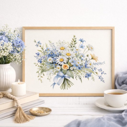 Blue White Wildflower Daisy Bouquet Home Decor ポスター