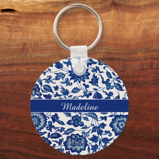 Blue White Wildflower French Country Chinoiserie キーホルダー (正面)