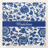 Blue White Wildflower French Country Custom Name  ガラスコースター (正面)
