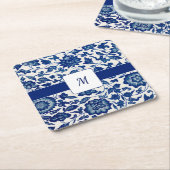 Blue White Wildflower French Country Custom Name スクエアペーパーコースター (アングル)