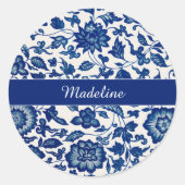 Blue White Wildflower French Country Custom Name  ラウンドシール (正面)