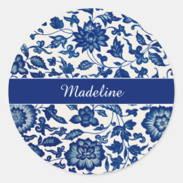 Blue White Wildflower French Country Custom Name  ラウンドシール