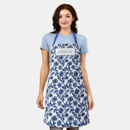 Blue White Womens Apron エプロン (着用した状態)