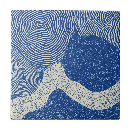 Blue White Woodcut Wave Abstract Pattern タイル (正面)