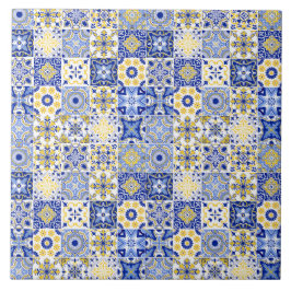 blue& white yellow Portuguese Azulejo pattern  タイル