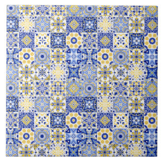 blue& white yellow Portuguese Azulejo pattern  タイル
