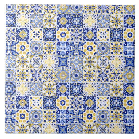 blue& white yellow Portuguese Azulejo pattern  タイル (正面)