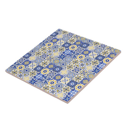 blue& white yellow Portuguese Azulejo pattern  タイル (側面)