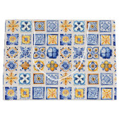 Blue White Yellow Tiles Pattern Summer Aesthetic  ラージペーパーバッグ (正面)