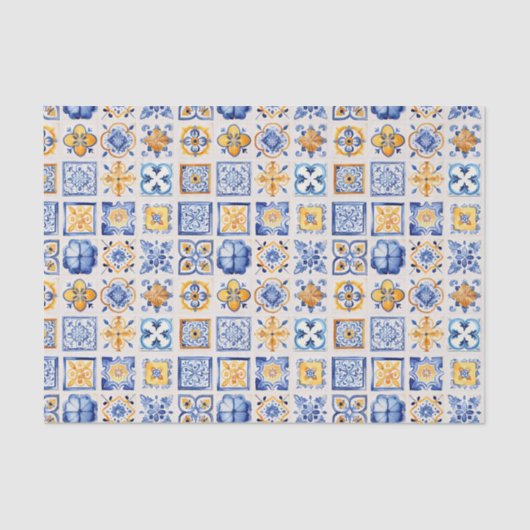 Blue White Yellow Tiles Pattern Summer Aesthetic  薄葉紙 (正面)