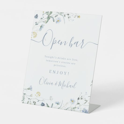 Blue Wildflowerスクリプト素朴結婚のオープンバー 台座サイン (正面)
