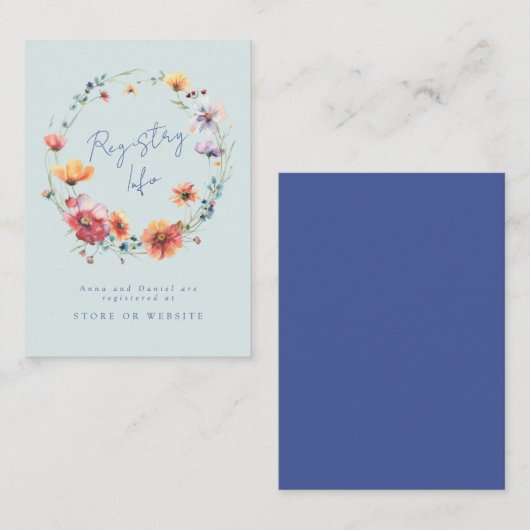 Blue Wildflowerリース結婚のレジストリ情報 エンクロージャーカード (正面/裏面)