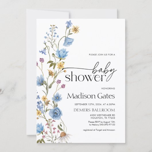 Blue Wildflower Baby Shower Invitation  招待状 (正面)