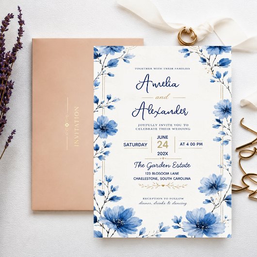 Blue Wildflower Elegant Watercolor Floral Romantic 招待状