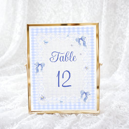 Blue Wildflower Floral  Bow Gingham Table Number