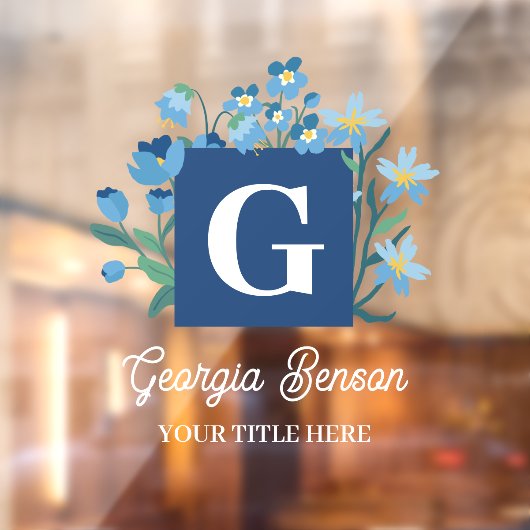 Blue Wildflower Floral Monogram Vintage Script ウィンドウサイン (シート2)