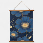 Blue Wildflower Floral Pattern with Gold Botanical 吊り下げ型タペストリー (正面)