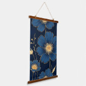 Blue Wildflower Floral Pattern with Gold Botanical 吊り下げ型タペストリー (傾斜あり)