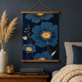 Blue Wildflower Floral Pattern with Gold Botanical 吊り下げ型タペストリー