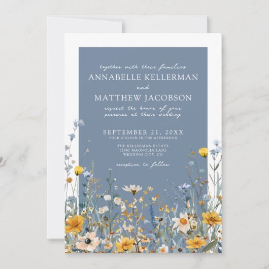 Blue Wildflower Floral Wedding 招待状 (正面)