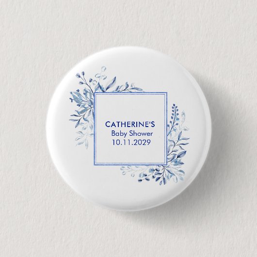 Blue Wildflower Frame Baby Shower Button 缶バッジ (正面)