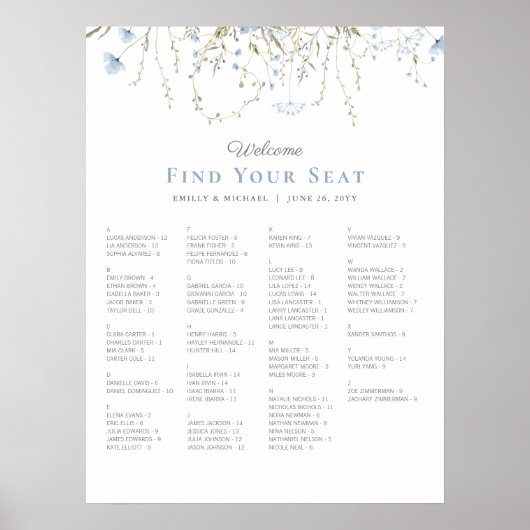 Blue Wildflower Periwinkle Wedding Seating Chart ポスター (正面)