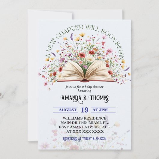 Blue Wildflower Storybook New Chapter Baby Shower 招待状 (正面)