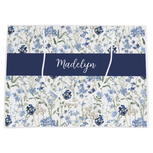 Blue Wildflower Watercolor Monogram Name ラージペーパーバッグ (正面)