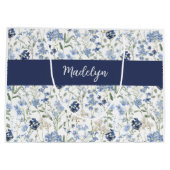 Blue Wildflower Watercolor Monogram Name ラージペーパーバッグ (裏面)