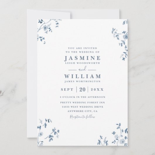 Blue Wildflowers Elegant Modern QR Code Wedding 招待状 (正面)