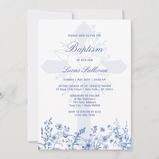 Blue Wildflowers Holy Cross Baptism Invitation 招待状 (正面)