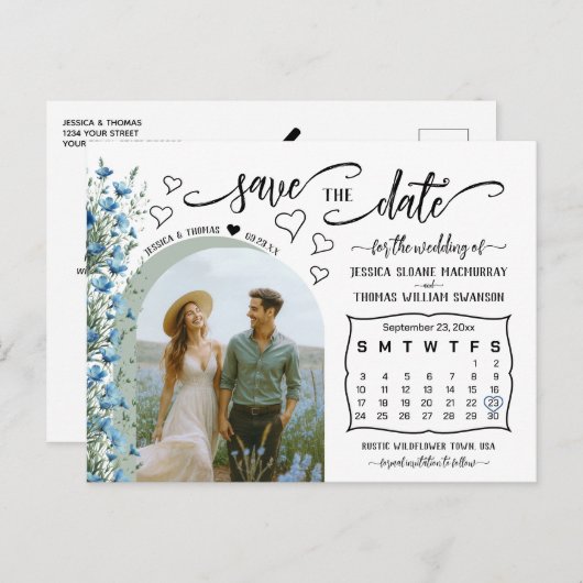 Blue Wildflowers Photo & Calendar Save the Date 案内ポストカード (正面/裏面)